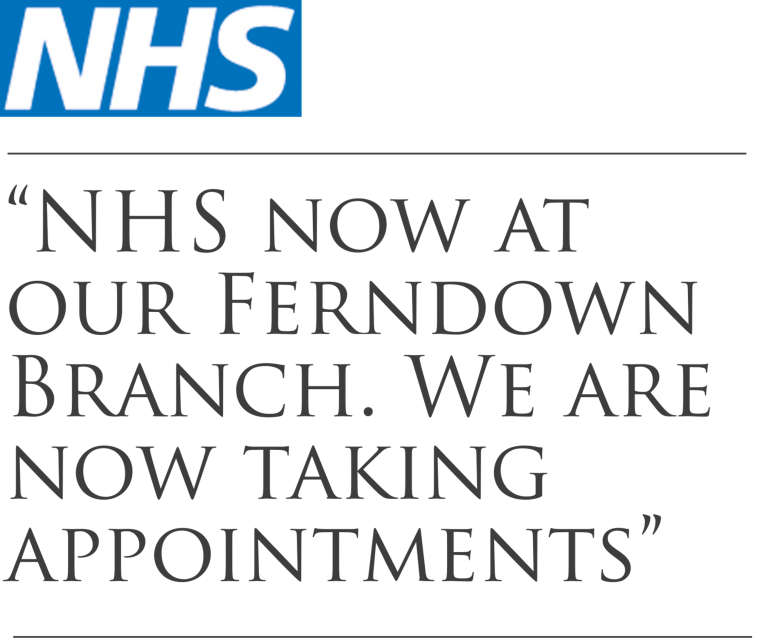 Text: NHS now at our Ferndown branch. We are now taking appointments